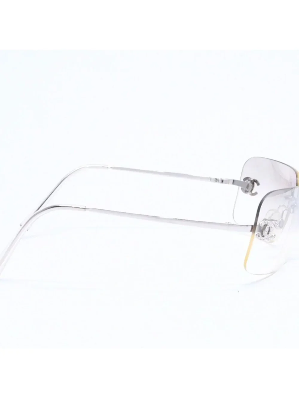Chanel Rimless Sunglasses CC Logo Rhinestone Gray Gradation Lens Silver Eyewear